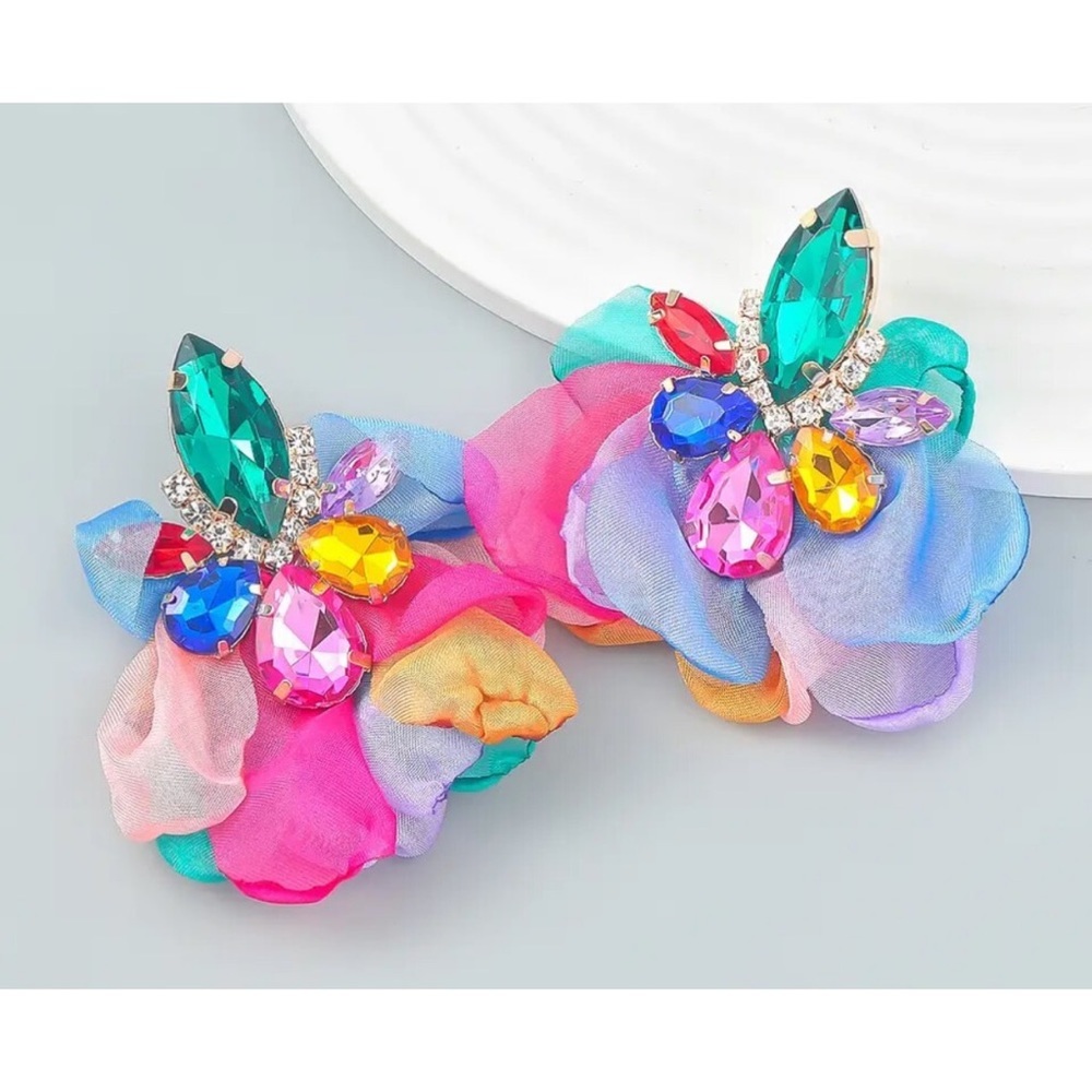 Multi colored rhinestone petal earrings